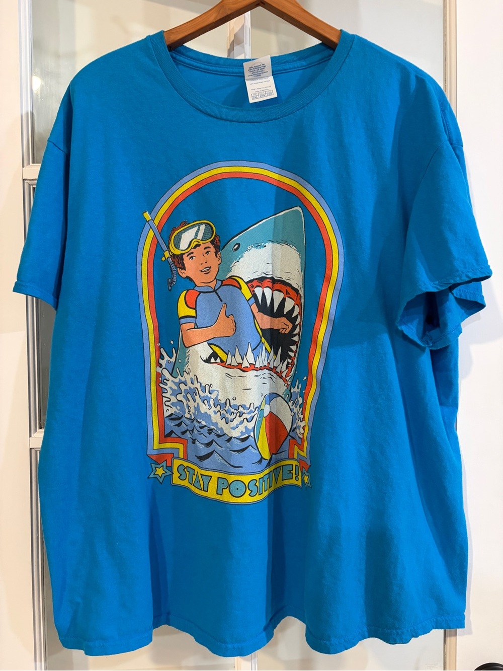 Stay Positive Shirt Mens Blue Cotton Graphic Tee 2XL Novelty 80s Shark Week